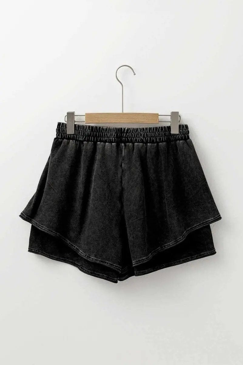 Chic Black Mineral Wash High-Waisted French Terry Casual Shorts - Love Salve